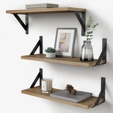 Floating Shelves with Black Metal Brackets Set of 3 Light Wood Wall Bookshelf...