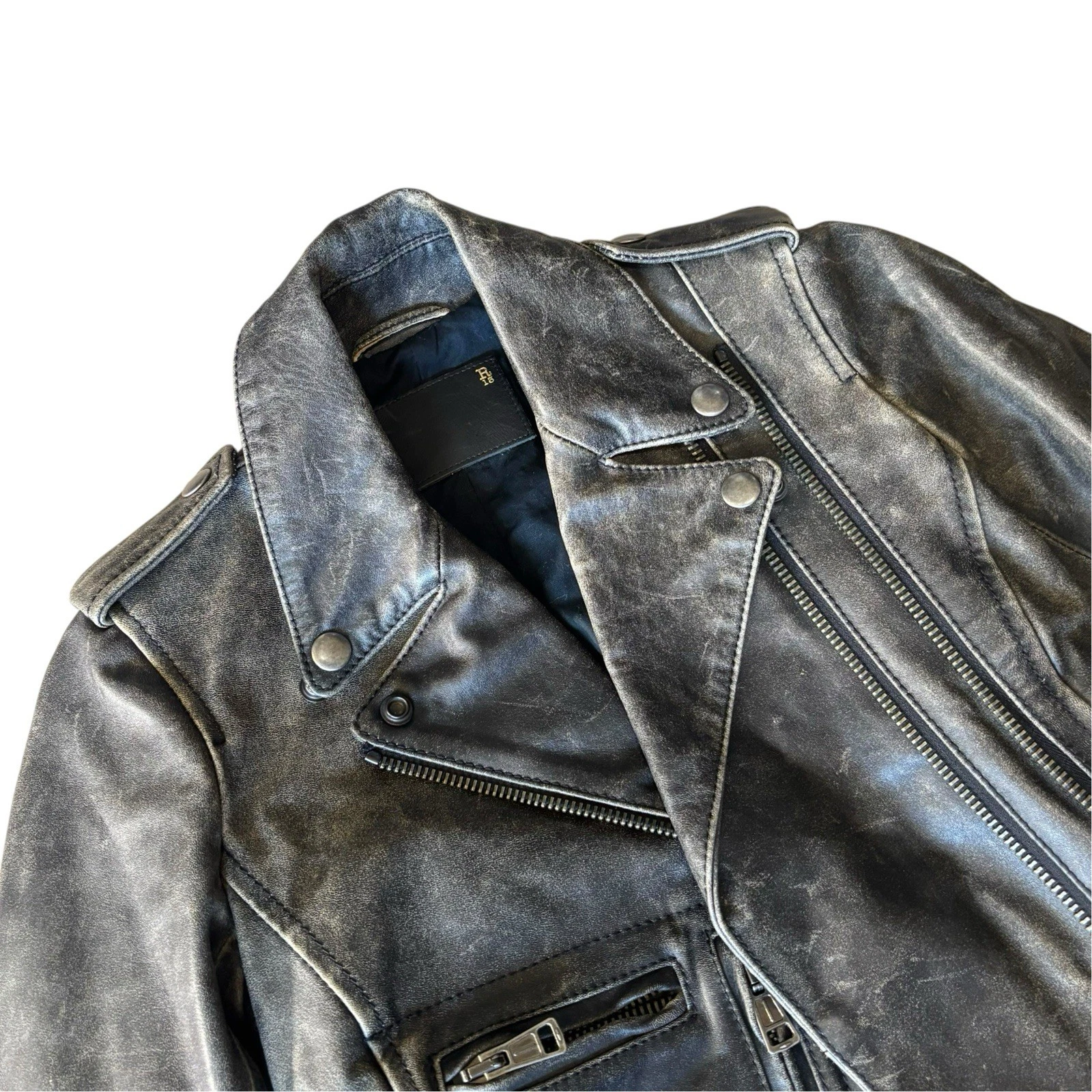 R13 Distressed Leather Moto Biker Jacket Women’s In Faded Black image 3