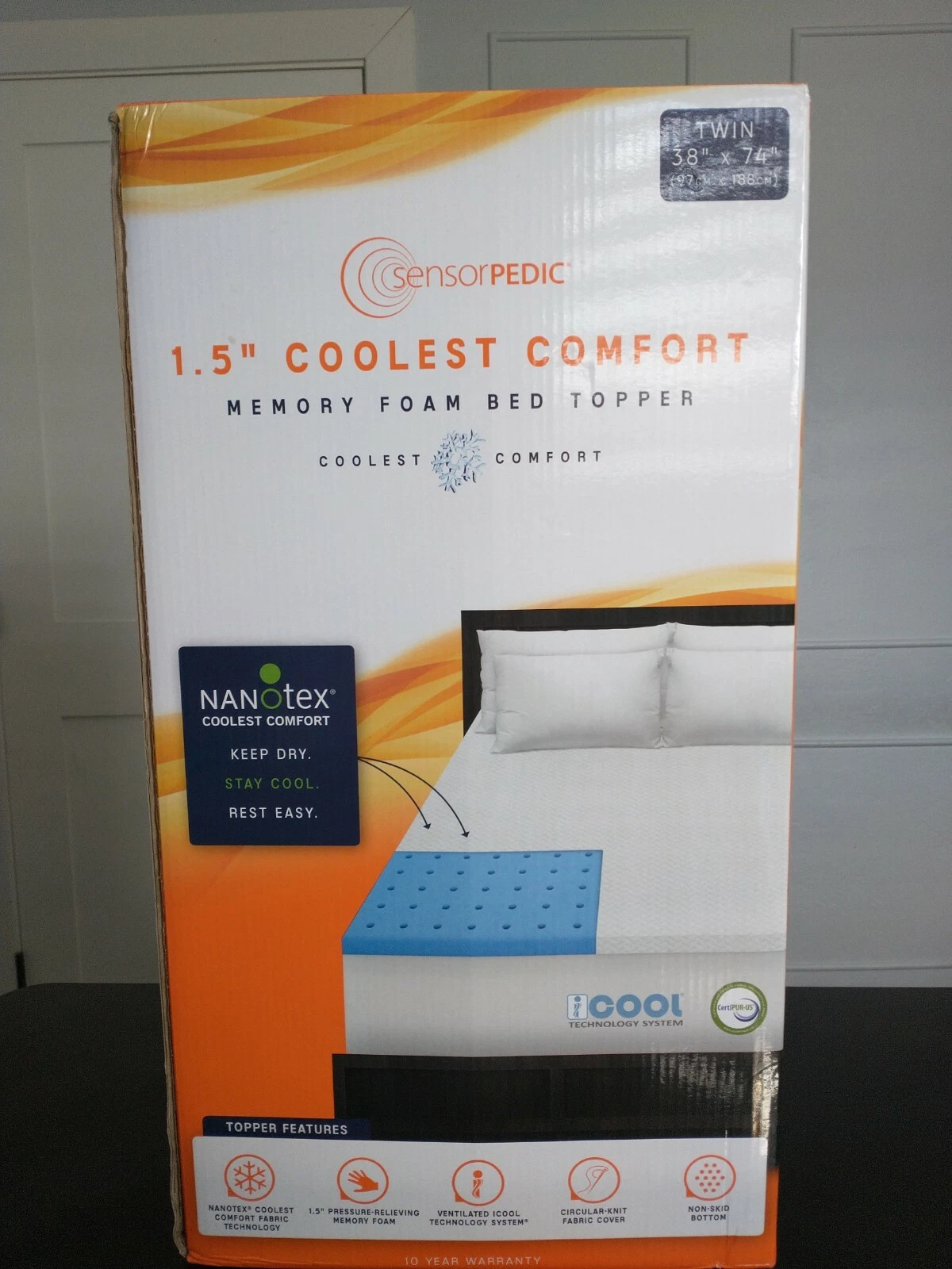 SensorPEDIC 1.5" COOLEST COMFORT MEMORY FOAM BED TOPPER COOLEST COMFORT NIB