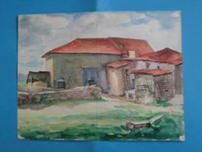 WATERCOLOR DRAWING XX LANDSCAPE VIEW SKETCH TREE FOREST FARM RUIN ARTIST 1957