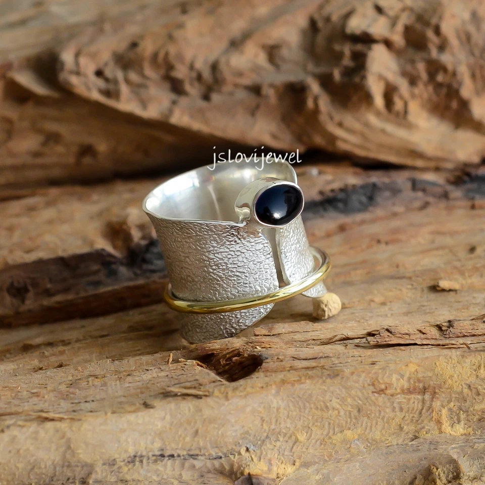 Anillo giratorio de plata esterlina 925 con piedras preciosas de ónix negro ansiedad por estrés joyería Foto 3 de 4