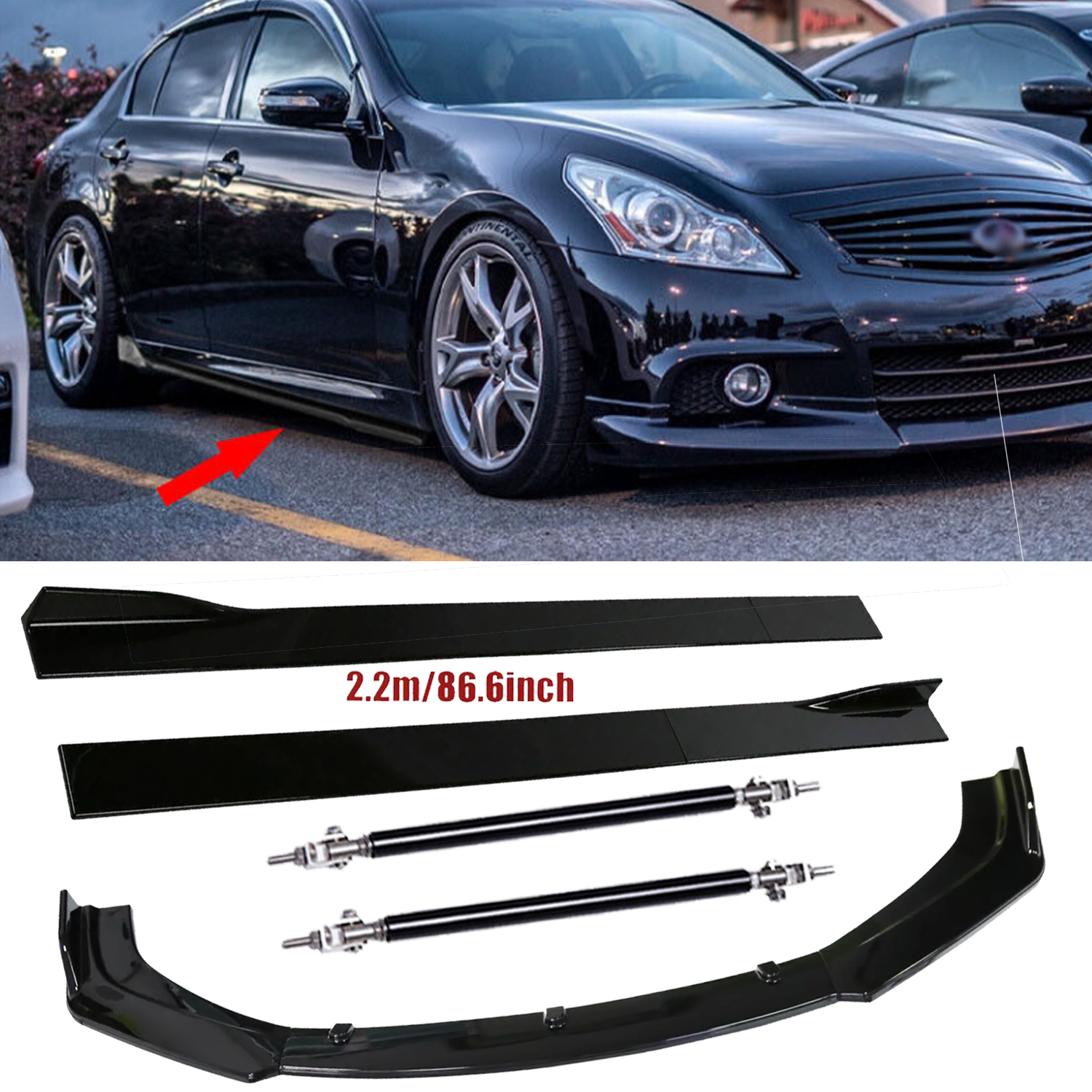 Front Bumper Lip Splitter Spoiler Strut Rods For Infiniti G37 Sedan Coupe 08-22