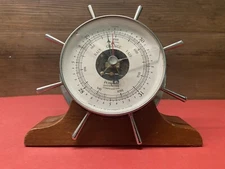 Vintage Airguide Compensated Barometer Nautical Ship’s Wheel Chrome W/ Wood Base