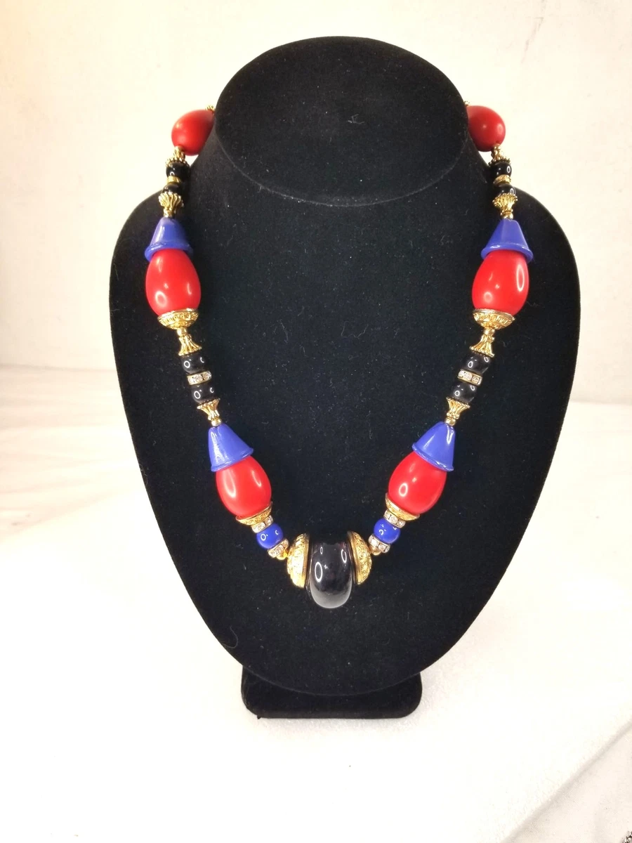 Luciana Bijoux Necklace Made In Italy Modern Glass Plastic Gold Tone Blue Red