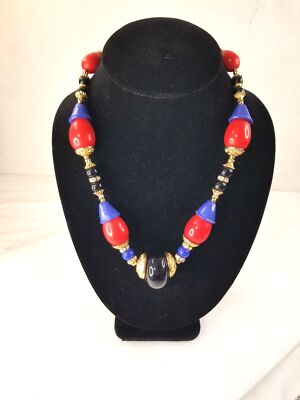 Luciana Bijoux Necklace Made In Italy Modern Glass Plastic Gold Tone Blue Red