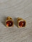 Square Amber Stud Earrings Gold Plated Sterling Silver 925 Cognac Brown 6mm