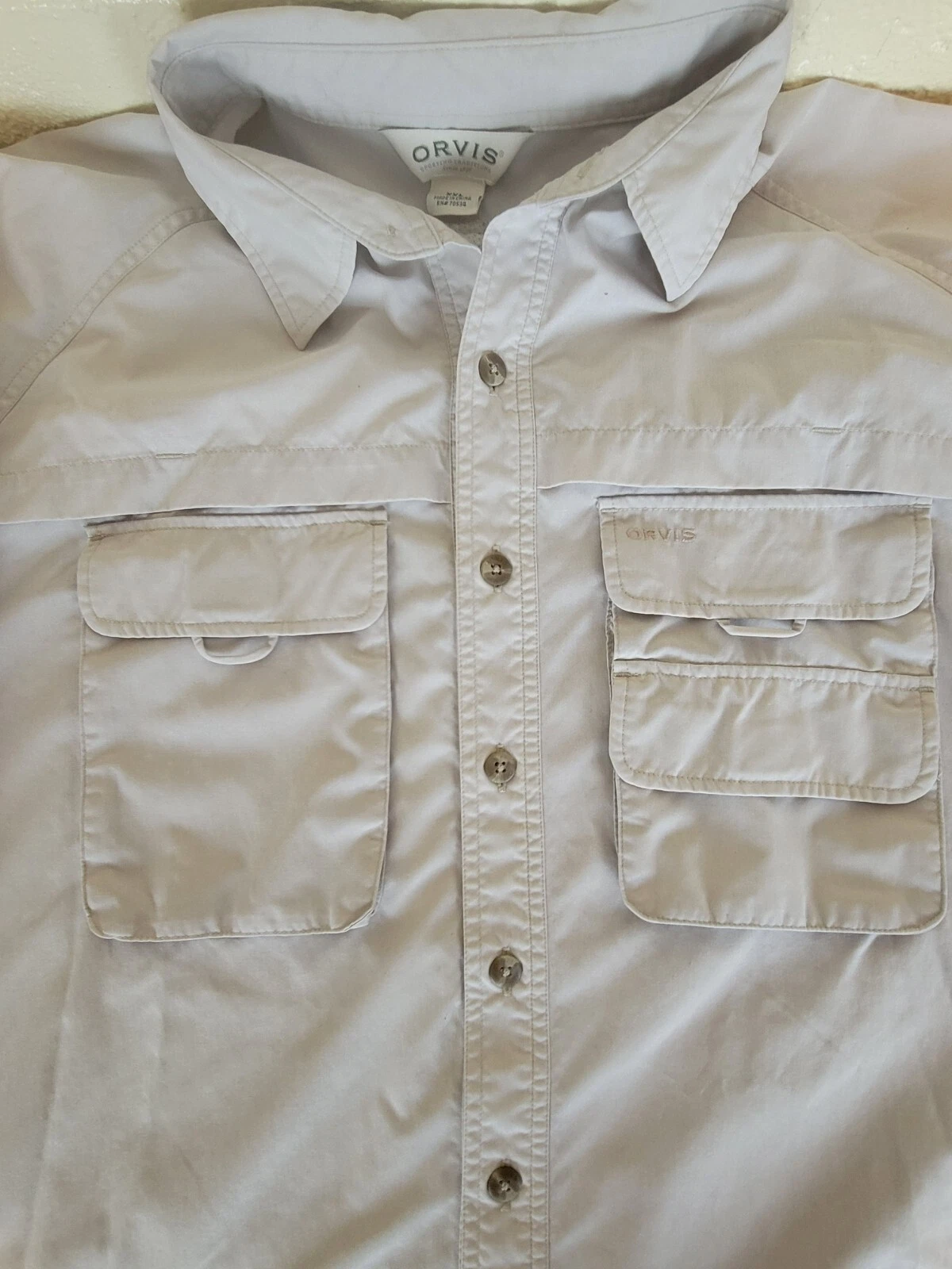 Orvis Fishing Shirt Mens 2XL Button Long Sleeve Roll Tab Vented Beige Outdoor