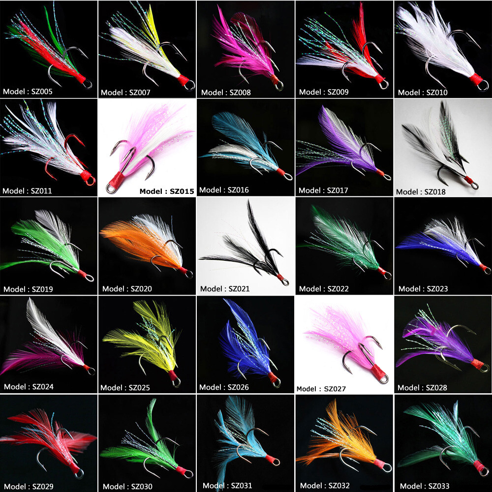 feather fishing hooks Feathered Gaff Treble Both ultra sharp and durable 50pcs Feather Treble Fishing Hooks