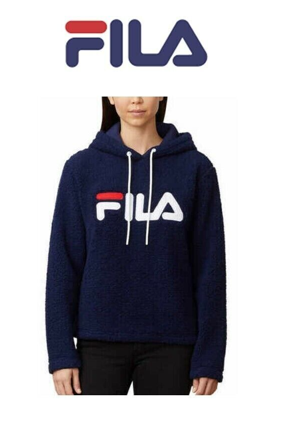 Felpa con cappuccio pullover sherpa donna Fila blu navy piccola nuova senza etichette