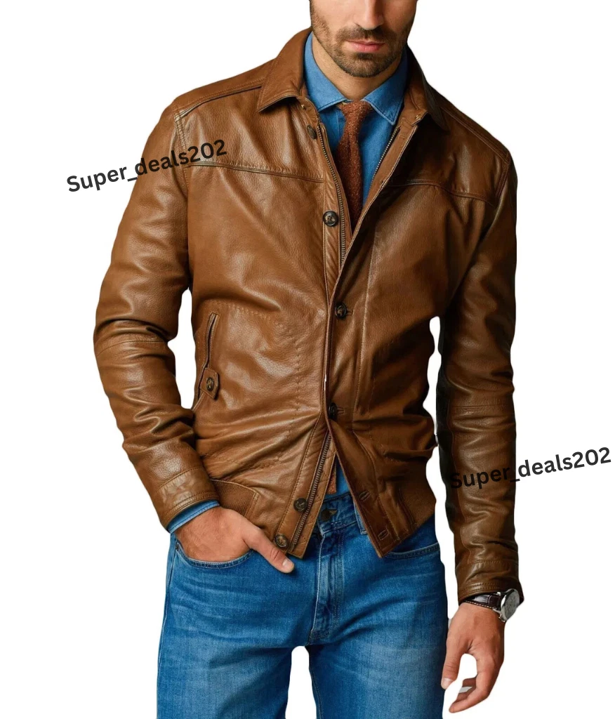 Men Brown Bomber Leather Jacket Lambskin Biker Handmade Shirt Stylish Party Wear