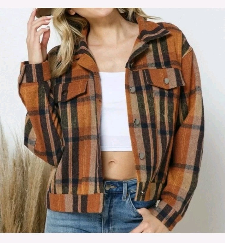 Blue B Collection Plaid Trucker Jacket Crop Preppy Western Brown Button-up Small