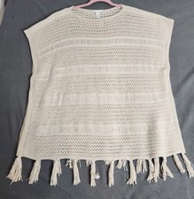J.Jill Crochet Open Knit Beachy Kimono Cover Up Fringe Tasseled Beige Sz M/L