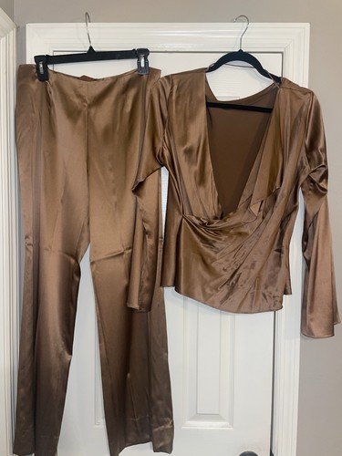 Woman’s M Yansi Fugel 100% Silk Top Pants Set/High Waist Wide Leg Bottoms Ruched