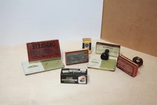 Vintage Office Supply Lot – Rubber Stamps, Ink Pads, Dennison Stamp Kit, GE Lamp