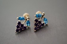 14K Solid Yellow Gold Amethyst Blue Zircon Safety Screw Back Grape Earrings 