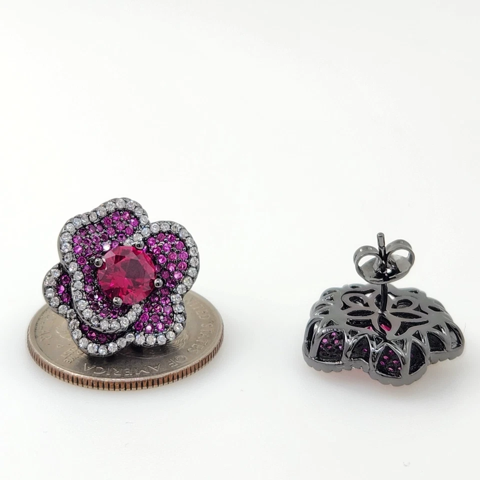 Pendientes de plata de ley 925 7 mm redondo rubí zafiro 3/4"" racimo piedras preciosas Foto 2 de 3