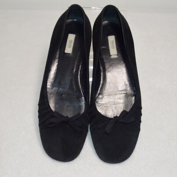 Prada Black Ruched Suede Ribbon Bow Flats Size: E… - image 3