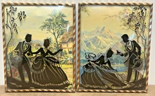Vtg 1930's Small Framed Silhouette Reverse Convex Painting Pair Woman Man Picnic