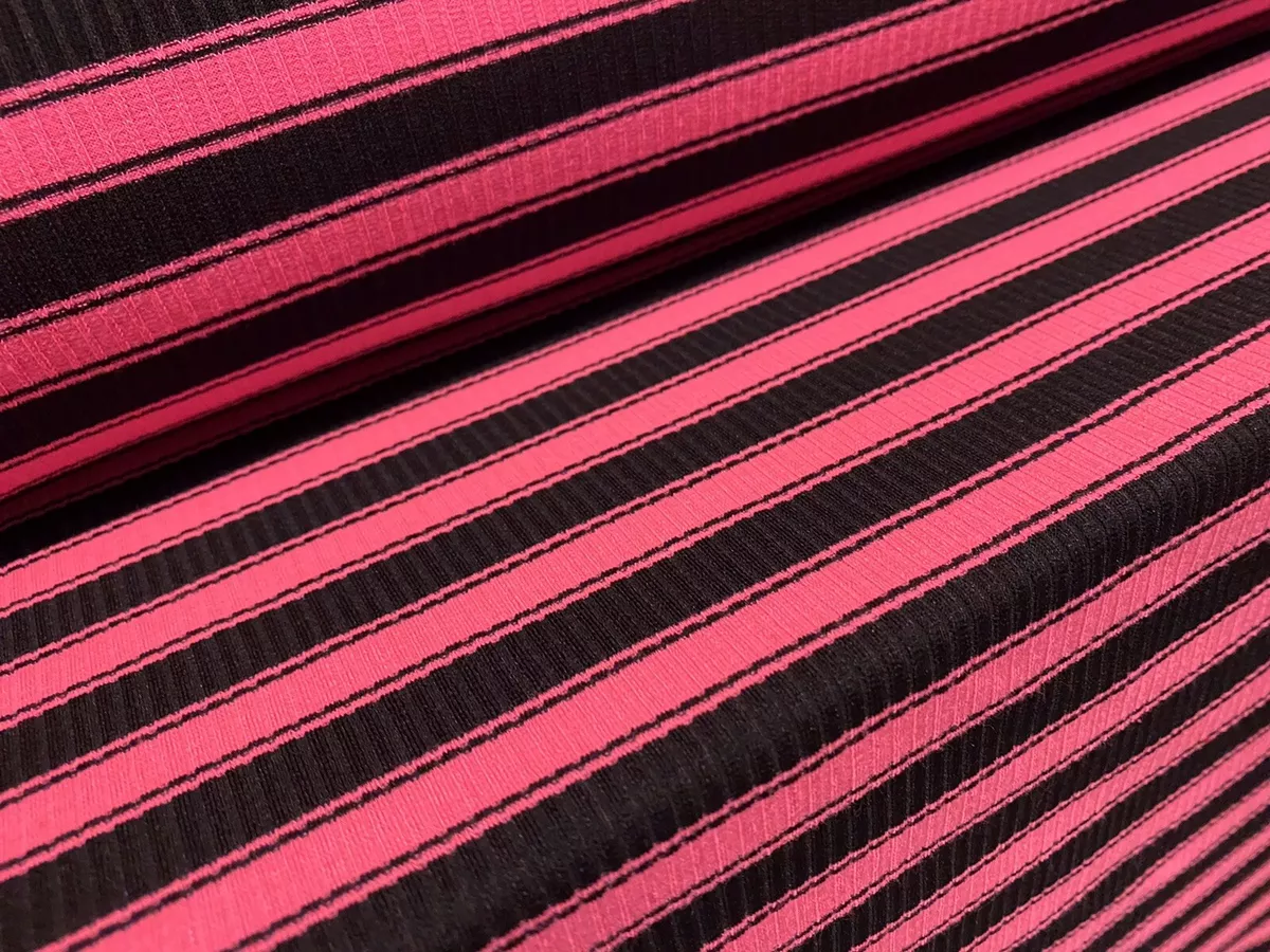 Fluorescent Pink & Black Stripe Stretch Rib Jersey Knit Dress Fabric, Per  Metre