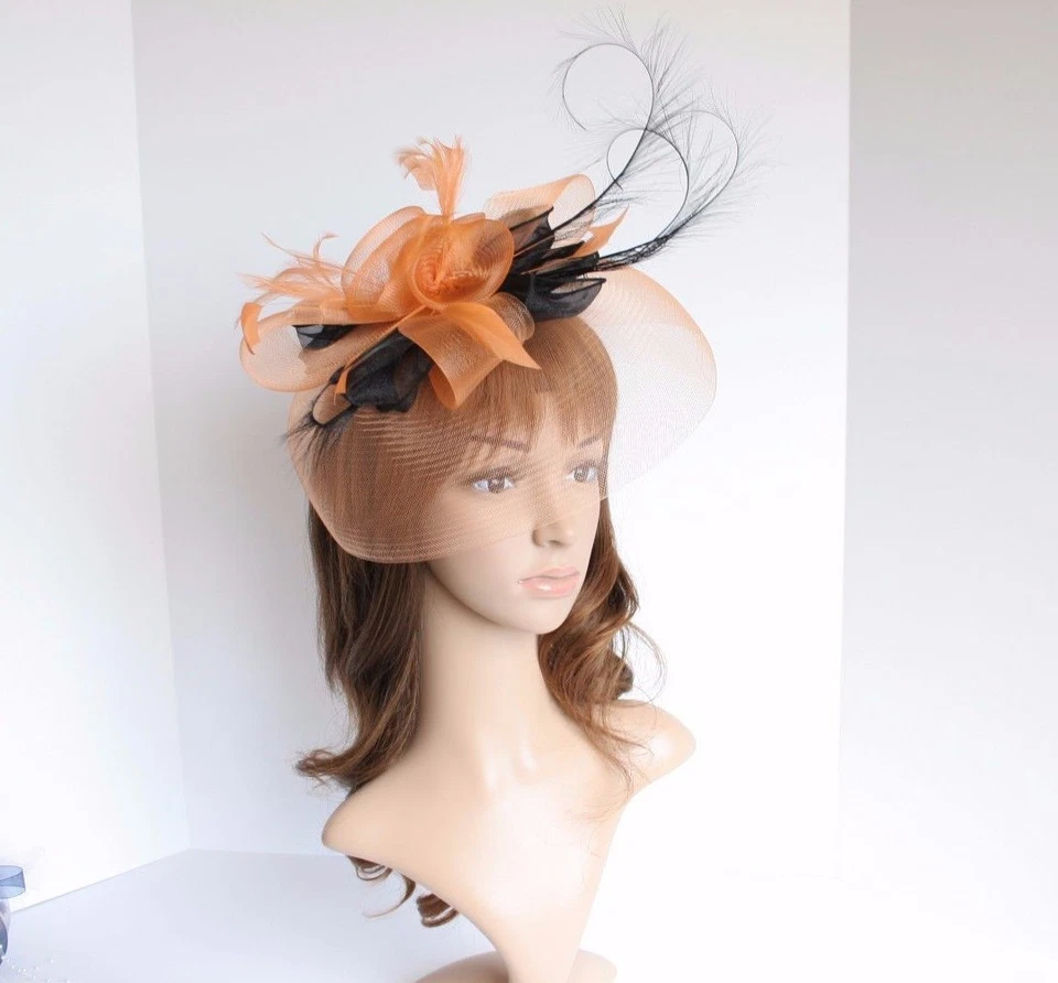High Quality Kentucky Derby Wedding Polyester Feather Fascinator Orange/Black - Image 2 of 4