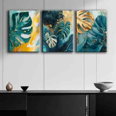 3pcs Colorful Teal and Golden Leaf Perfect Wall Art Canvas Unframed/Framed