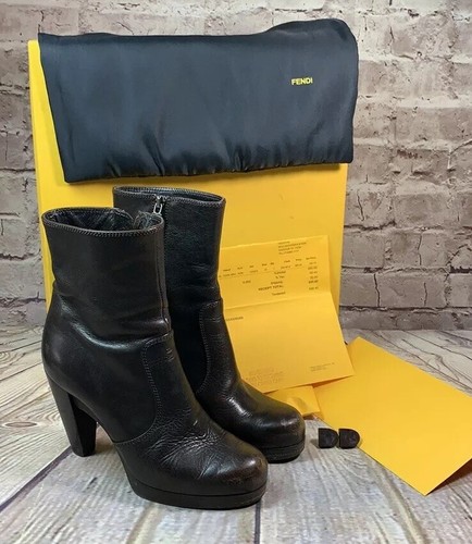 FENDI TRONCHETTO VITELLO BALBOA BOOTS Heels Brown Leather Size 7 | eBay
