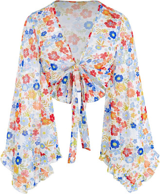 Women'S 70S Floral Print Tie Front Mesh Cover up Long Bell Sleeve V Neck Crop Bo