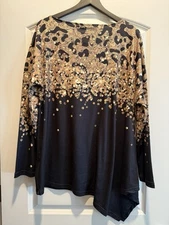 Women's Black & Gold Knit Shirt - boat neck, asymmetrical hem XL casual or dress