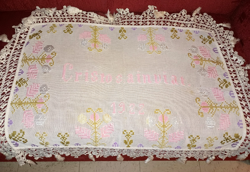 Antiguo Mantel de Pascua Aguja Rumano Cristos a Inviat Encaje Floral 1922 - Imagen 1 de 5