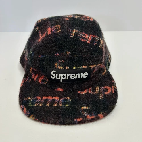 SUPREME 18AW Casquette de camp Harris tweed chapeau en laine logo noir rouge sur plaid occasion