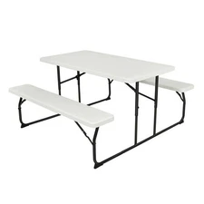 Folding Picnic Table Set White HDPE Patio Dining 2 Benches