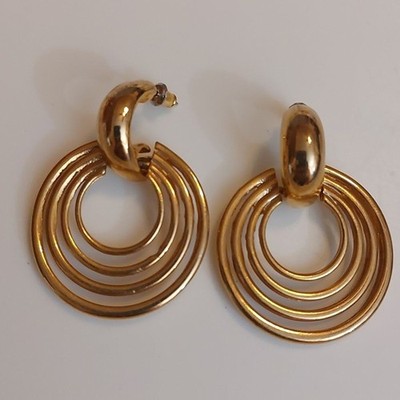 Vintage Dangling Concentric Circles Knocker Style Gold Tone Clip On Earrings