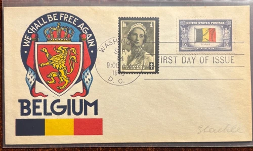 #914 Overrun Countries FDC: Belgium with nice cachet, slight toning