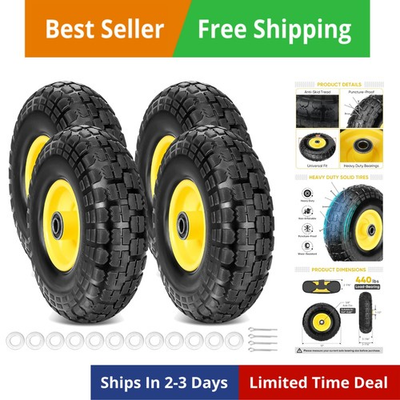 #ad 10quot; Solid Tires 4 Pack Flat Free 4.10 3.50 4#x27;#x27; Wheels with 5 8” Axle Bore Ho... $115.88