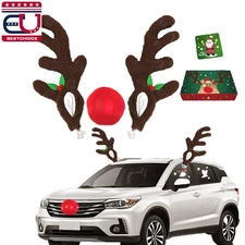 Christmas Reindeer Antlers & Red Nose Set for Car Trunk SUV Xmas Rudolph Decor