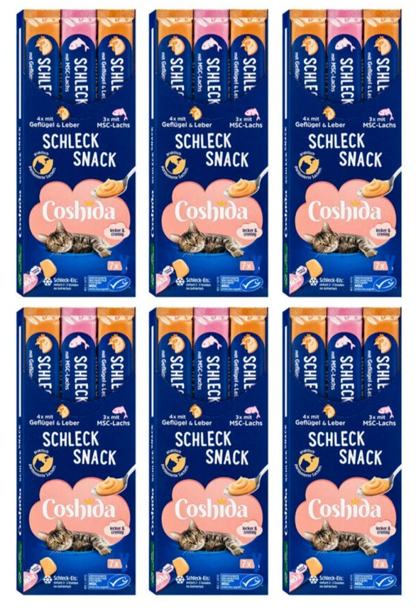 6x 112g COSHIDA Schleck Snack Geflügel, Leber & MSC Lachs lecker & cremig