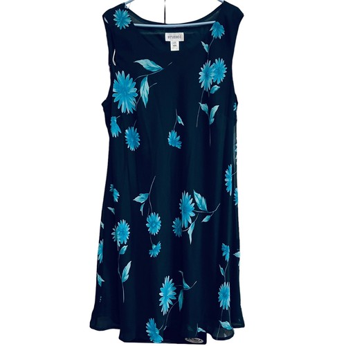 Studio I Sleeveless Black Blue Floral Ruffle Bottom Shift Dress SZ 24W