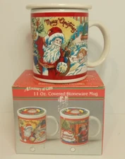 Artmark Stoneware Covered Mug Christmas Greetings Santa Claus w/ Lid 1994 11oz