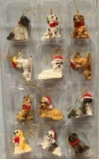 SET OF 12 MINI 1" DOG CHRISTMAS ORNAMENTS WITH SANTA HATS DALMATIAN COLLIE SHEEP