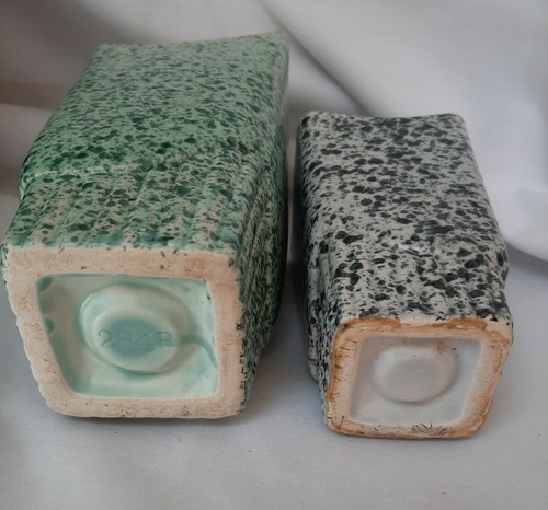 2 Vintage Stanford Sebring Pottery verde e nero macchia, vaso e portacandele MCM - Foto 8 di 12