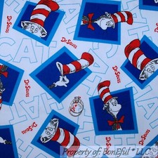 BonEful Fabric FQ Cotton Quilt White Red Blue Baby Dr Seuss Cat In Hat Book Word