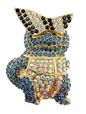 T15-2597 BROOCH GOLD TONE PIN 1.75" RHINESTONE ANIMAL DINOSAUR BLUE