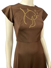 1970's Dress Maxi Brown Jersey Vintage Gold Embroidered Fish Evening Gown Sz Sm