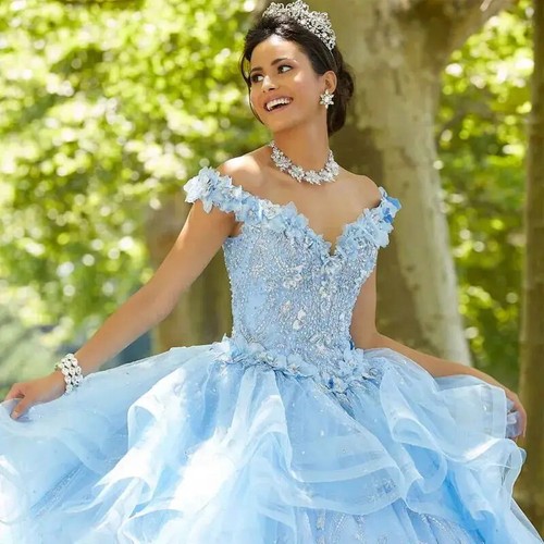 Cinderella Light Blue Quinceanera Dresses Beading lace tulle Ball Gowns 15 16 - Picture 3 of 16