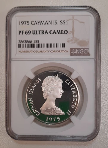 1975 CAYMAN ISLANDS, SILVER 5 DOLLAR -- NGC PF 69 ULTRA CAMEO TOP POP