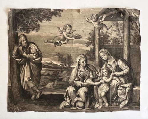 Antike Radierung 18. Jahrhundert Heilige Familie Heilige Elisabeth Johannes 55 cm keine Reserve!
