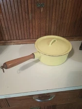 Vintage Descoware Cast Iron Enamel Sauce Pan W/Lid Yellow Belgium 1960's