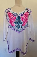 Cotton Tunic 3/4 Slevees XXL White Summer Ethnic Flowers Embroidery Bohemian