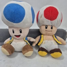 2 pcs Super Mario Bros Mushroom Toad Red / Blue Plush Toy Doll 6"