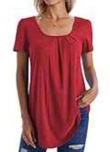 DJT Women's Short Sleeve Summer Tops Scoop Neck Pleated Front Casual Tee T Shirt - 第 2/2 張圖片